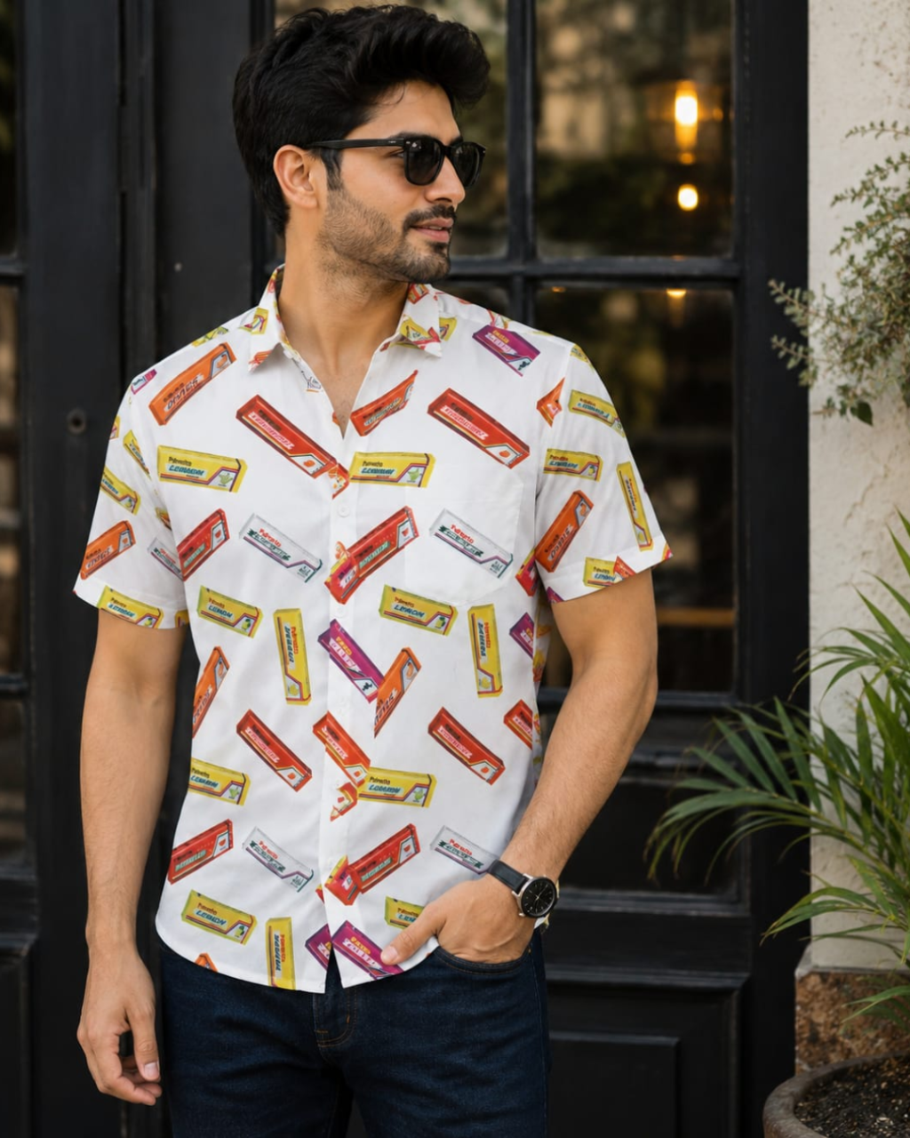 Man wearing a colorful shirt with candy bar pattern outdoors.