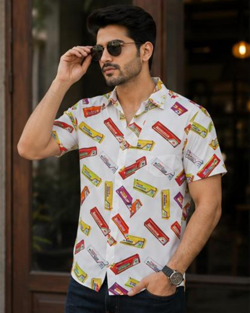 Man wearing a shirt with candy bar pattern outdoors