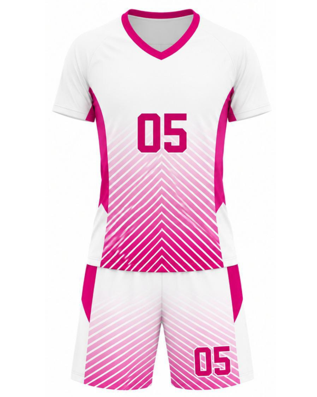 A custom athletic soccer jersey and matching shorts set in white and vibrant pink. The jersey features a V-neck, short sleeves, and a central chevron pattern made of diagonal pink stripes fading into white, with the number '05' printed in pink on the chest and shorts.