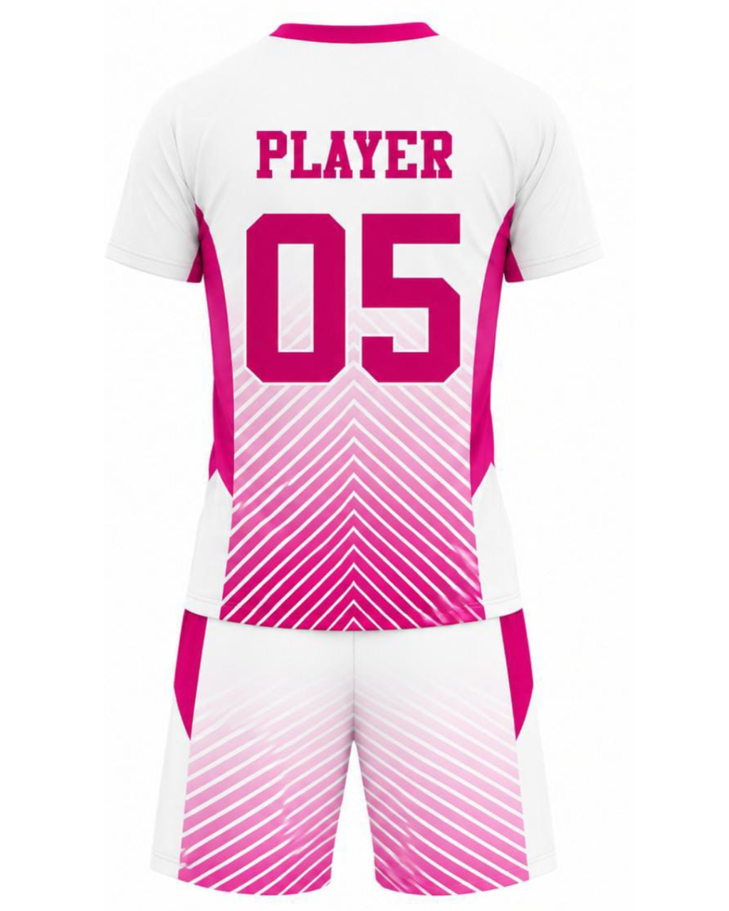 White and pink athletic jersey set shown from the back, with 'PLAYER' and the number '05' printed in bright pink, plus diagonal pink-to-white stripe patterns on the shorts.