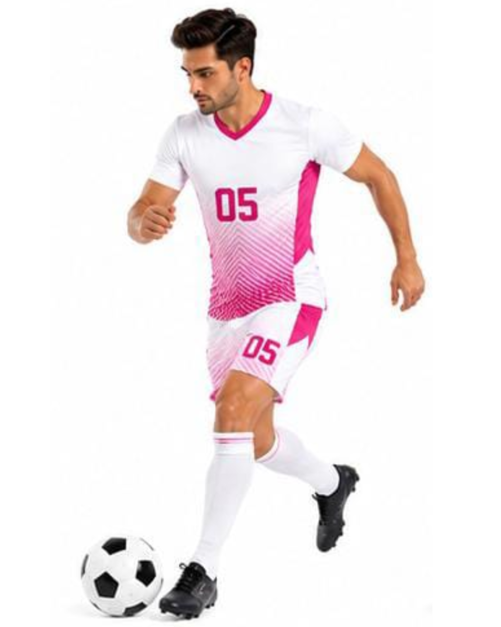 A man wearing a white and pink soccer jersey with the number 05, matching shorts, white socks, and black cleats, dribbling a black and white soccer ball against a white background.