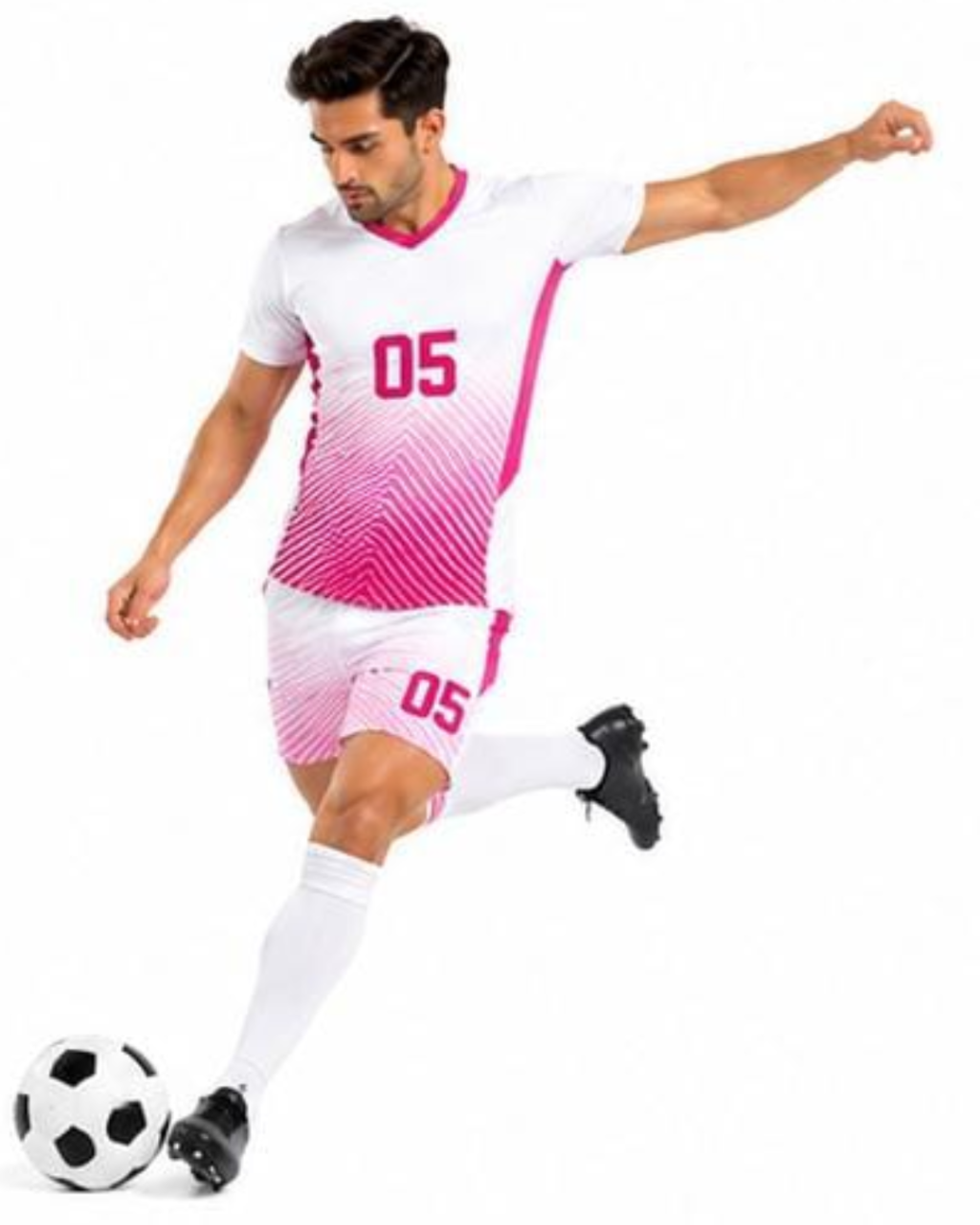 A man in a white and pink soccer uniform with the number 05, kicking a black and white soccer ball against a solid white background.
