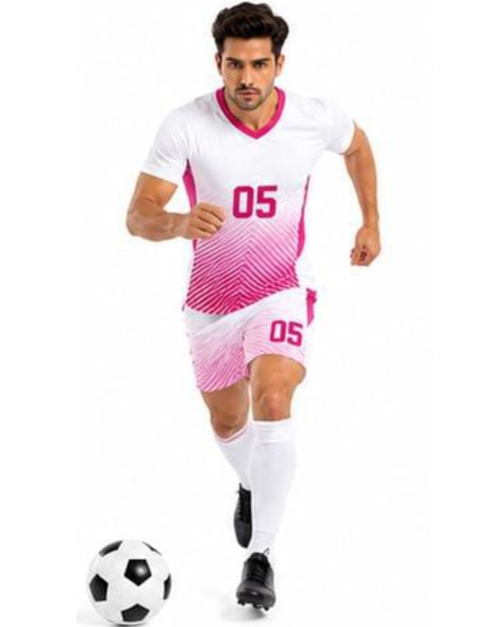 A man wearing a white and pink soccer jersey and matching shorts, running with a black and white soccer ball on a plain white background.