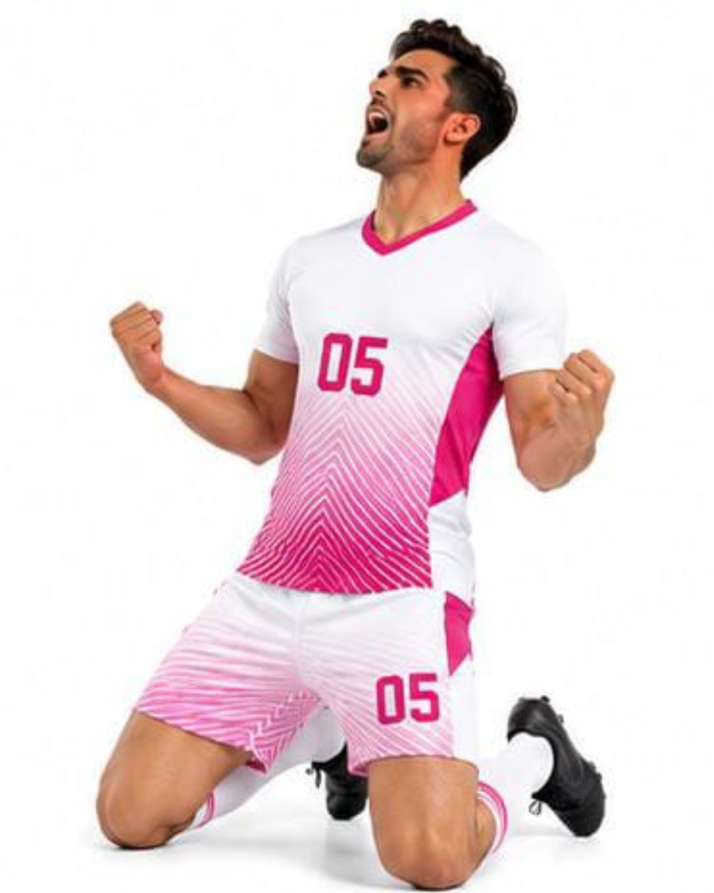 A man kneeling on a white background wearing a white and pink soccer jersey and matching shorts with the number 05.