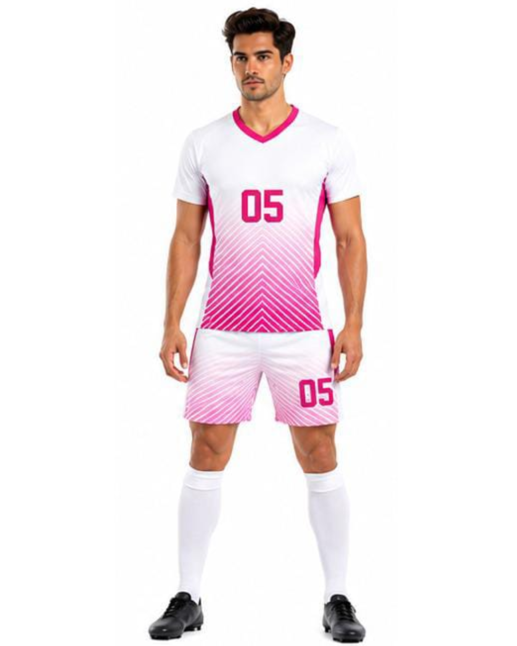 A man modeling a white and pink soccer jersey and matching shorts with the number 05, white socks, and black cleats against a plain white background.