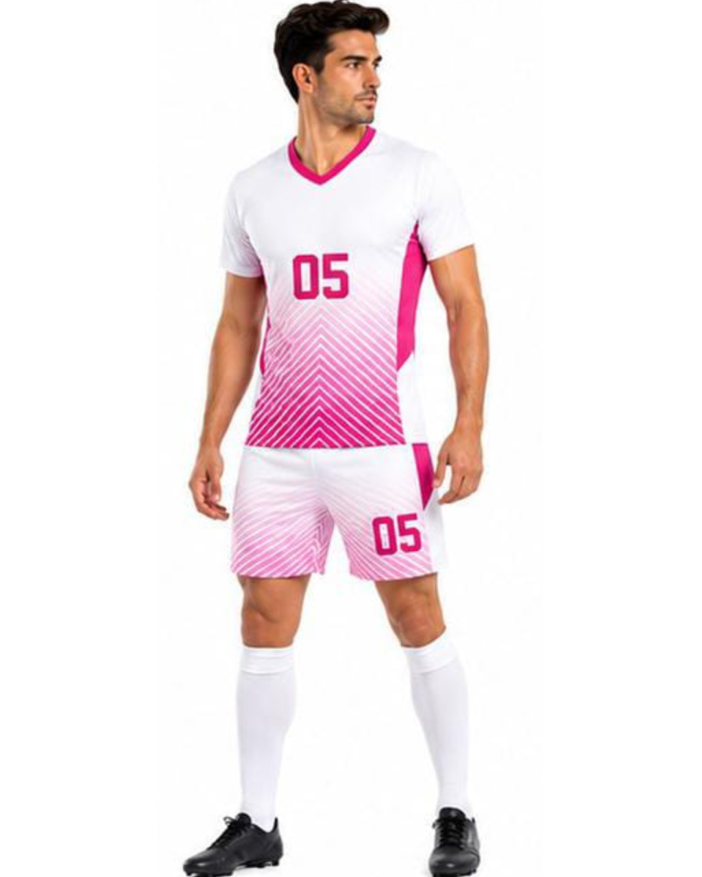 A man modeling a white and pink soccer uniform set with a gradient pattern, featuring the number 05 on the chest and shorts, paired with white socks and black cleats, against a plain white background.