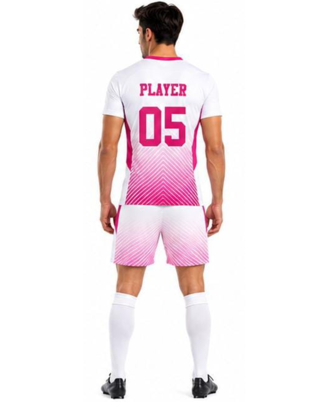 A man shown from the back wearing a white soccer jersey and matching shorts with a pink gradient pattern, white socks, and black cleats. The jersey has 'PLAYER 05' printed in pink on the back.