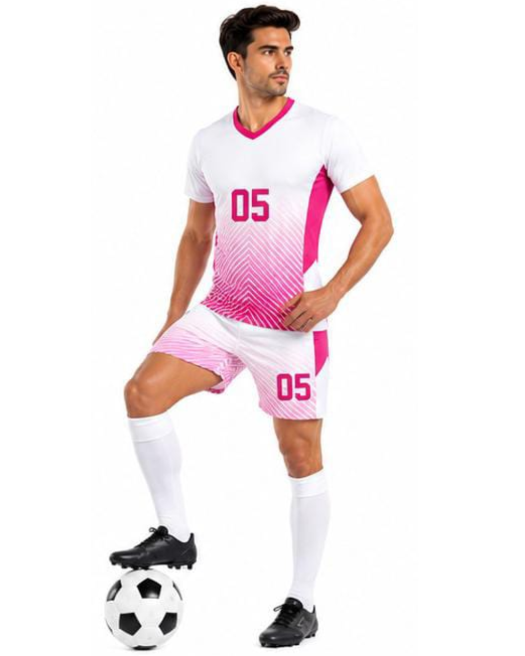 A man modeling a white and pink soccer jersey and matching shorts with the number 05, white socks, and black soccer cleats, standing on a black-and-white soccer ball against a plain white background.