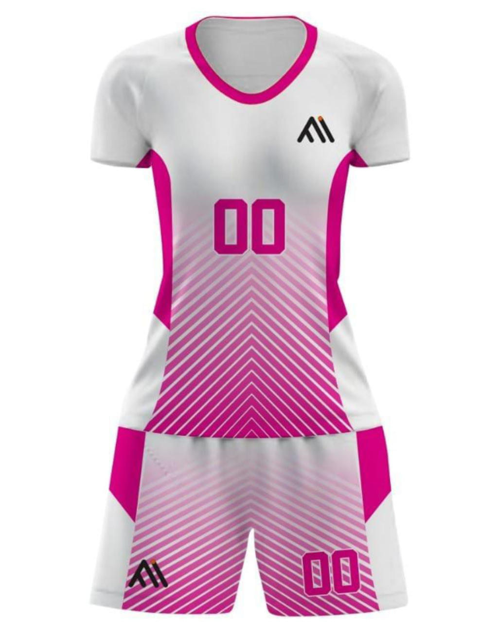 A women's athletic jersey and matching shorts set in white and vibrant pink, featuring a gradient chevron pattern on the front, a black stylized 'M' logo on the chest and left leg, and the number '00' on the front and shorts.