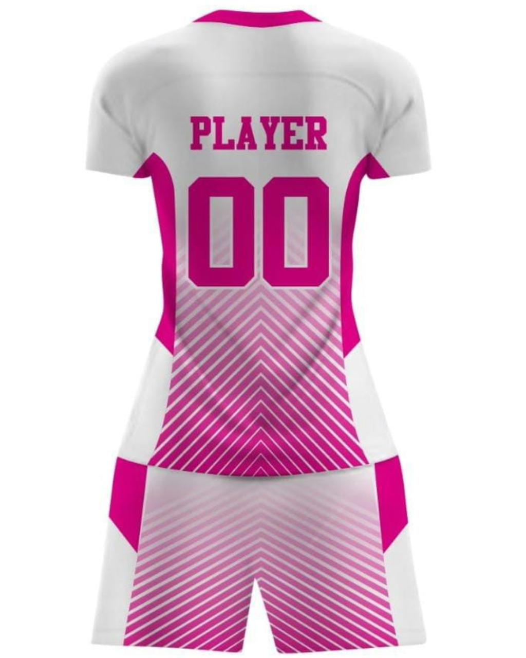 A custom soccer jersey and matching shorts set shown from the back, featuring a white base with a vibrant pink gradient chevron pattern and 'PLAYER 00' printed in pink.
