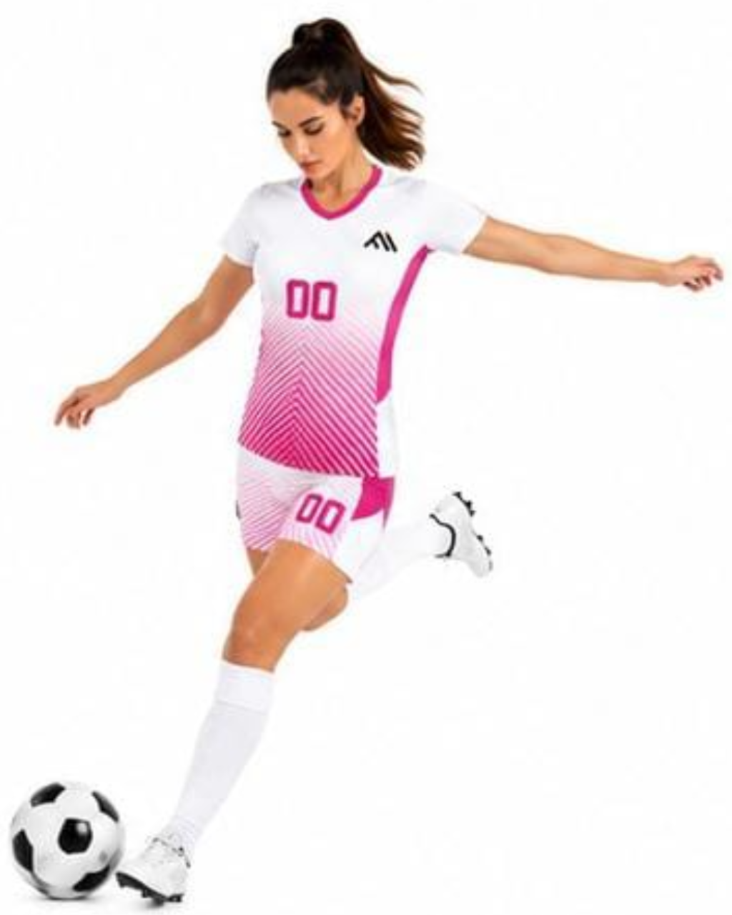 A woman in a white and pink soccer uniform with the number 00, kicking a black and white soccer ball against a solid white background.