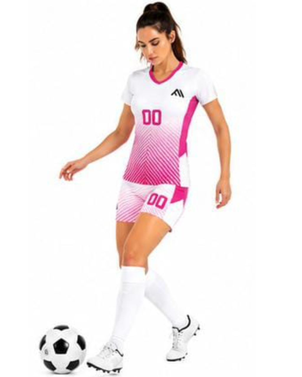 A woman modeling a white and pink soccer jersey and matching shorts with the number 00, white knee-high socks, and white cleats, posed next to a black and white soccer ball on a plain white background.