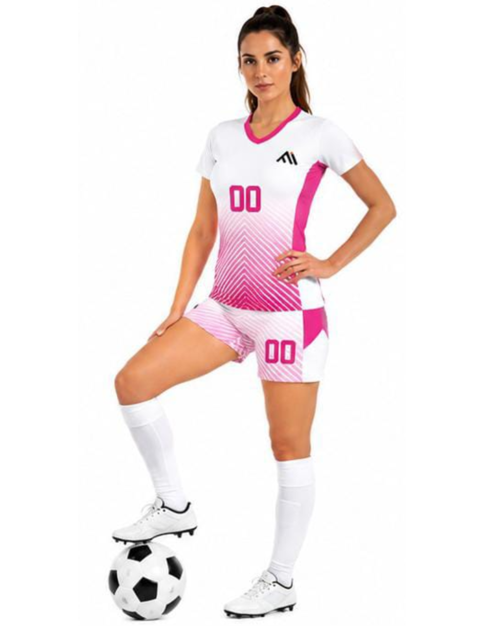 A woman modeling a white and pink soccer uniform set with matching white socks and a soccer ball on a white studio background.