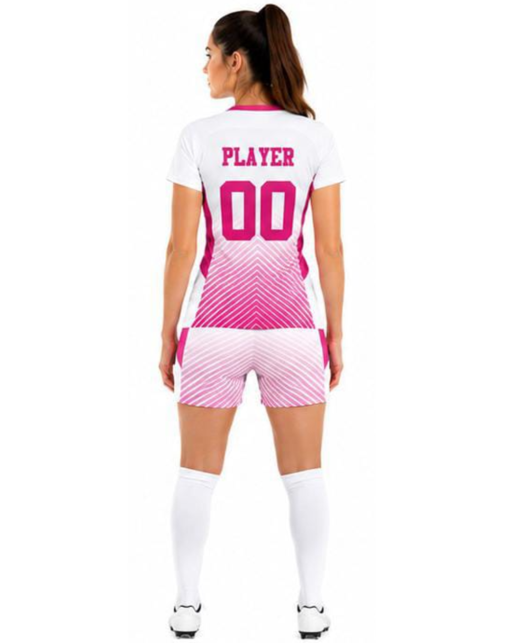 A woman shown from the back wearing a white soccer jersey and matching shorts with a pink gradient pattern and 'PLAYER 00' printed on the back, paired with white knee-high socks, against a plain white background.