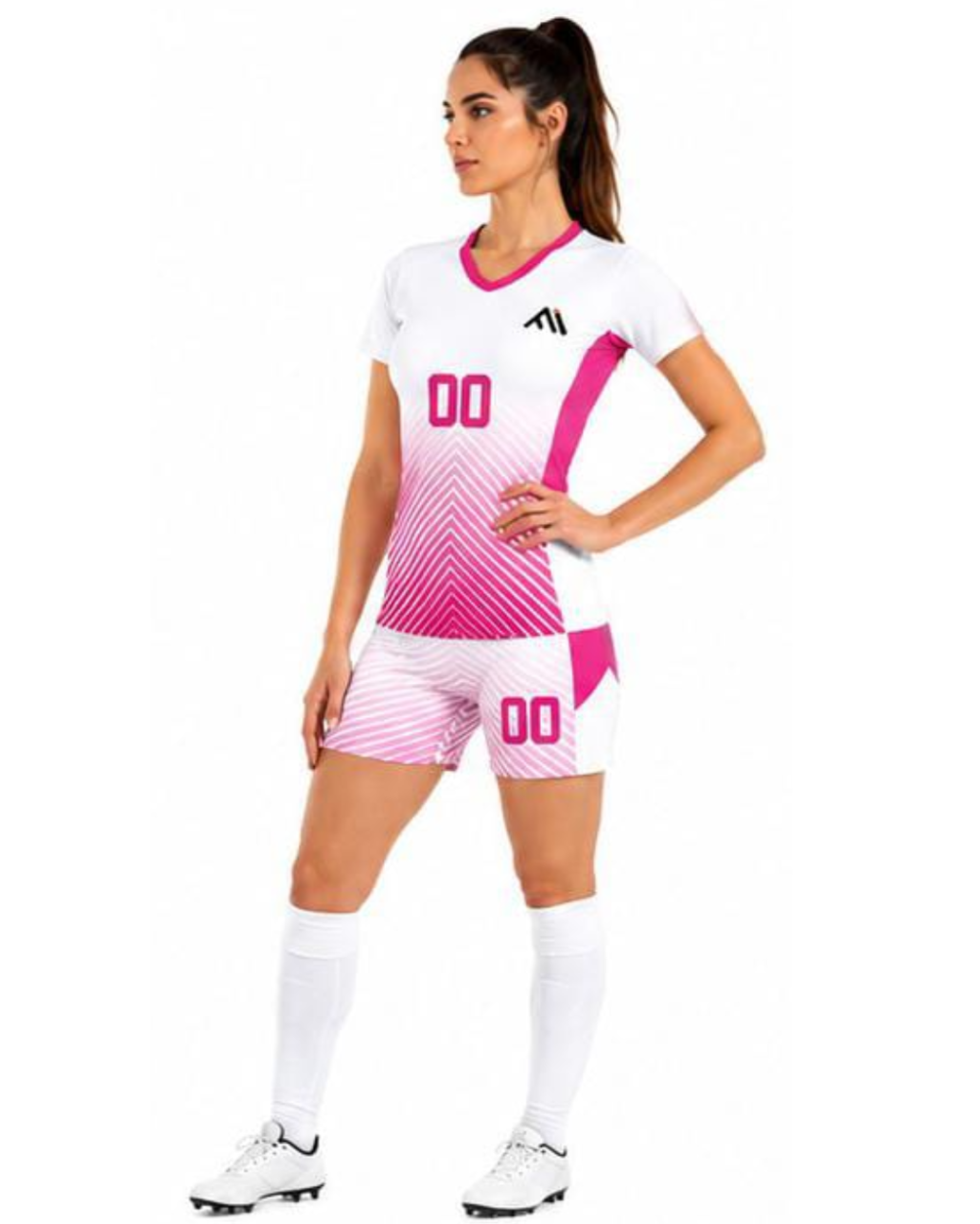 A woman modeling a white and pink soccer uniform set with a gradient pattern, featuring the number 00 on the jersey and shorts, on a solid white background.