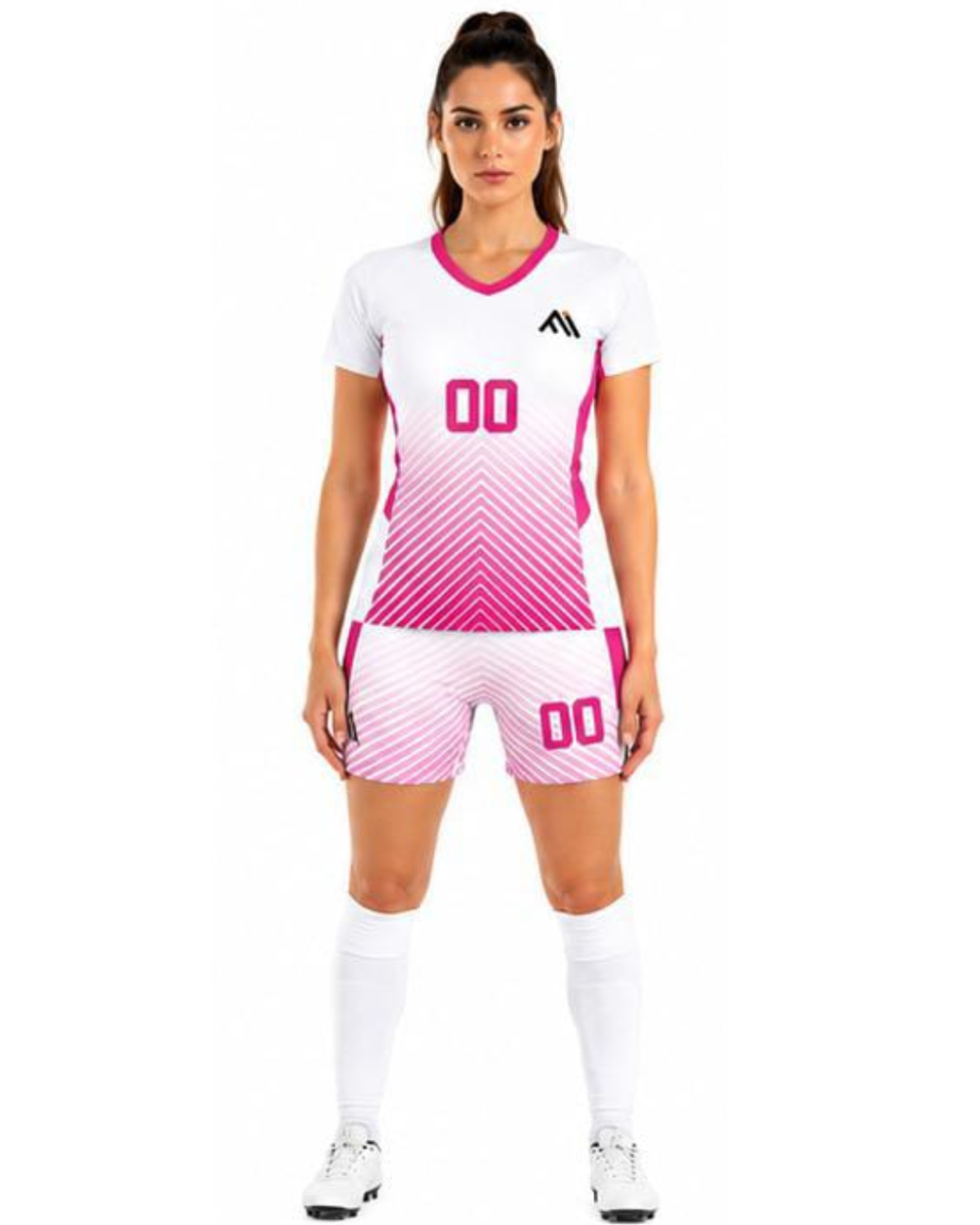 A woman modeling a white and pink soccer uniform set with a geometric gradient pattern, white knee-high socks, and white cleats against a plain white background.