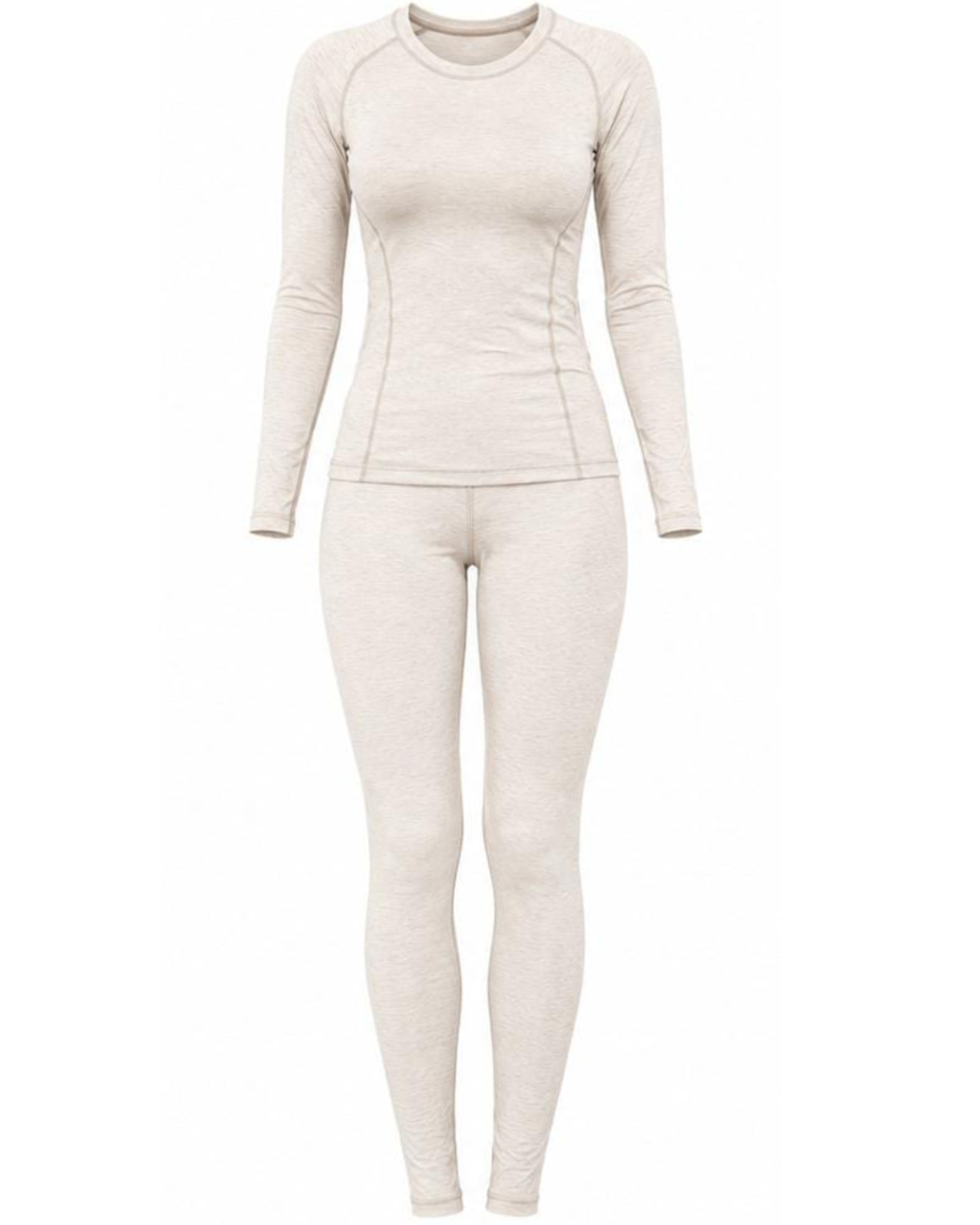 A women's two-piece thermal underwear set in a light oatmeal heathered beige, featuring a long-sleeve crewneck top and matching full-length leggings, shown on a plain white background.