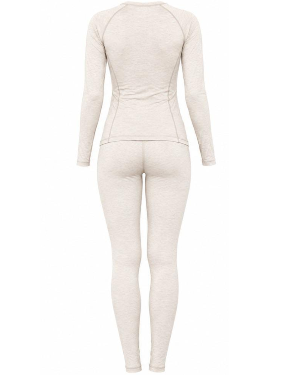 A light beige heathered two-piece activewear set consisting of a long-sleeve raglan top and matching leggings, shown from the back on a plain white background.