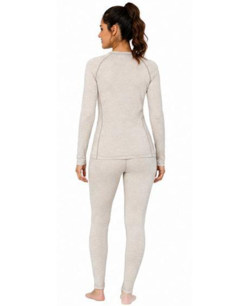 A woman shown from the back wearing a light heather gray long-sleeve top and matching leggings against a plain white background.