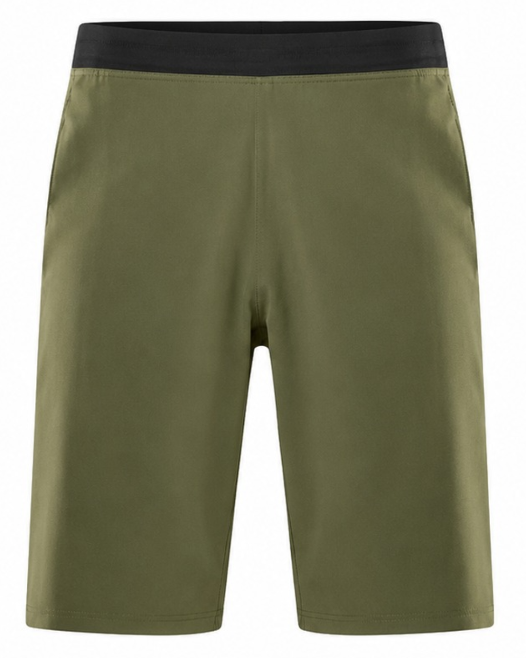 Olive green athletic shorts with a contrasting black elastic waistband, shown against a plain white background.