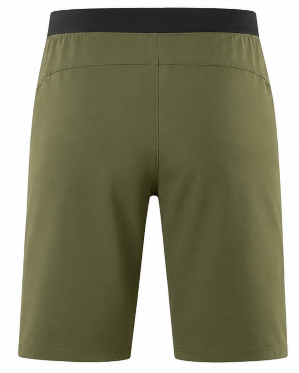 Olive green athletic shorts with a contrasting black waistband, shown from the back on a white background.