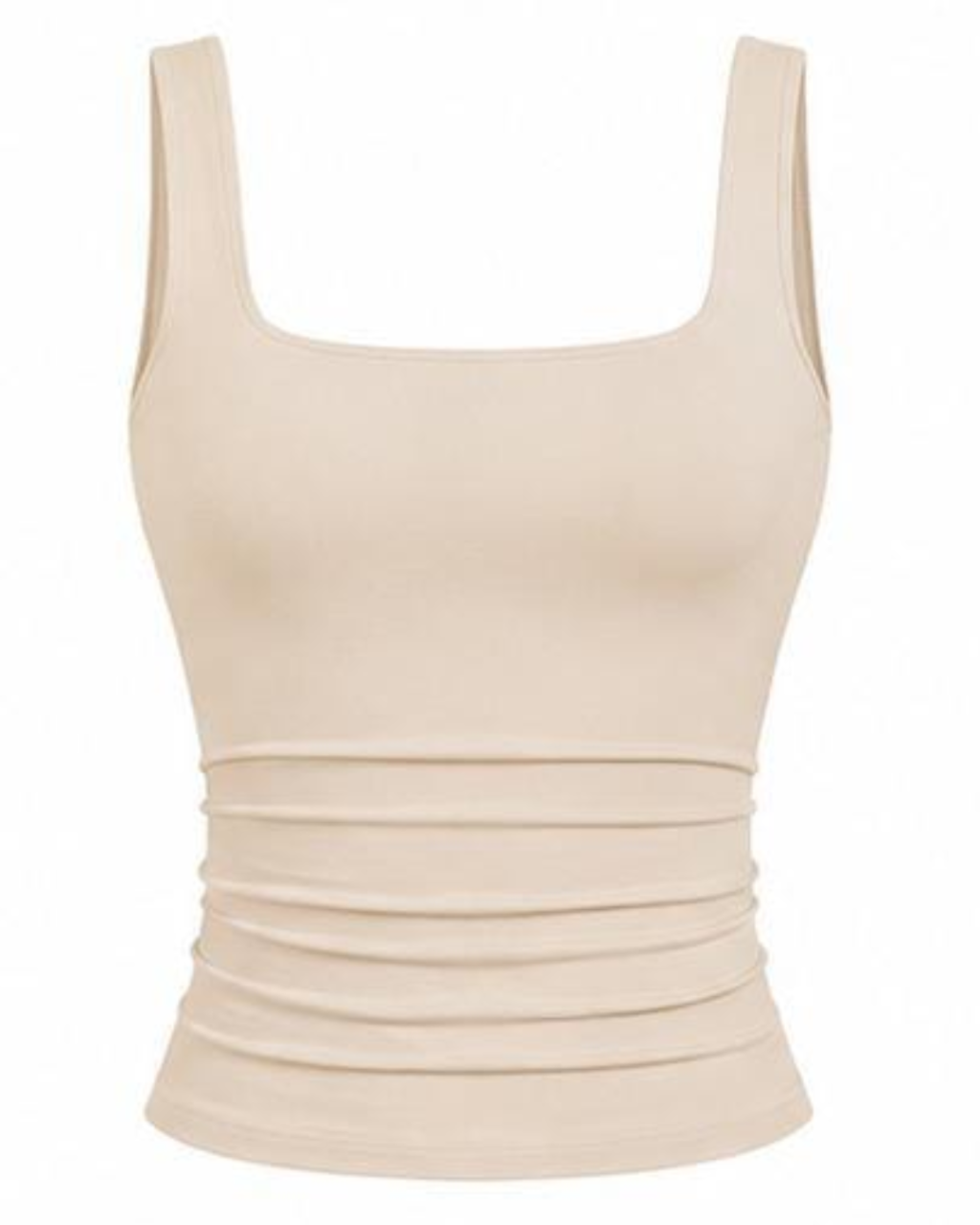 A beige ribbed tank top with a square neckline and wide shoulder straps, shown against a plain white background.