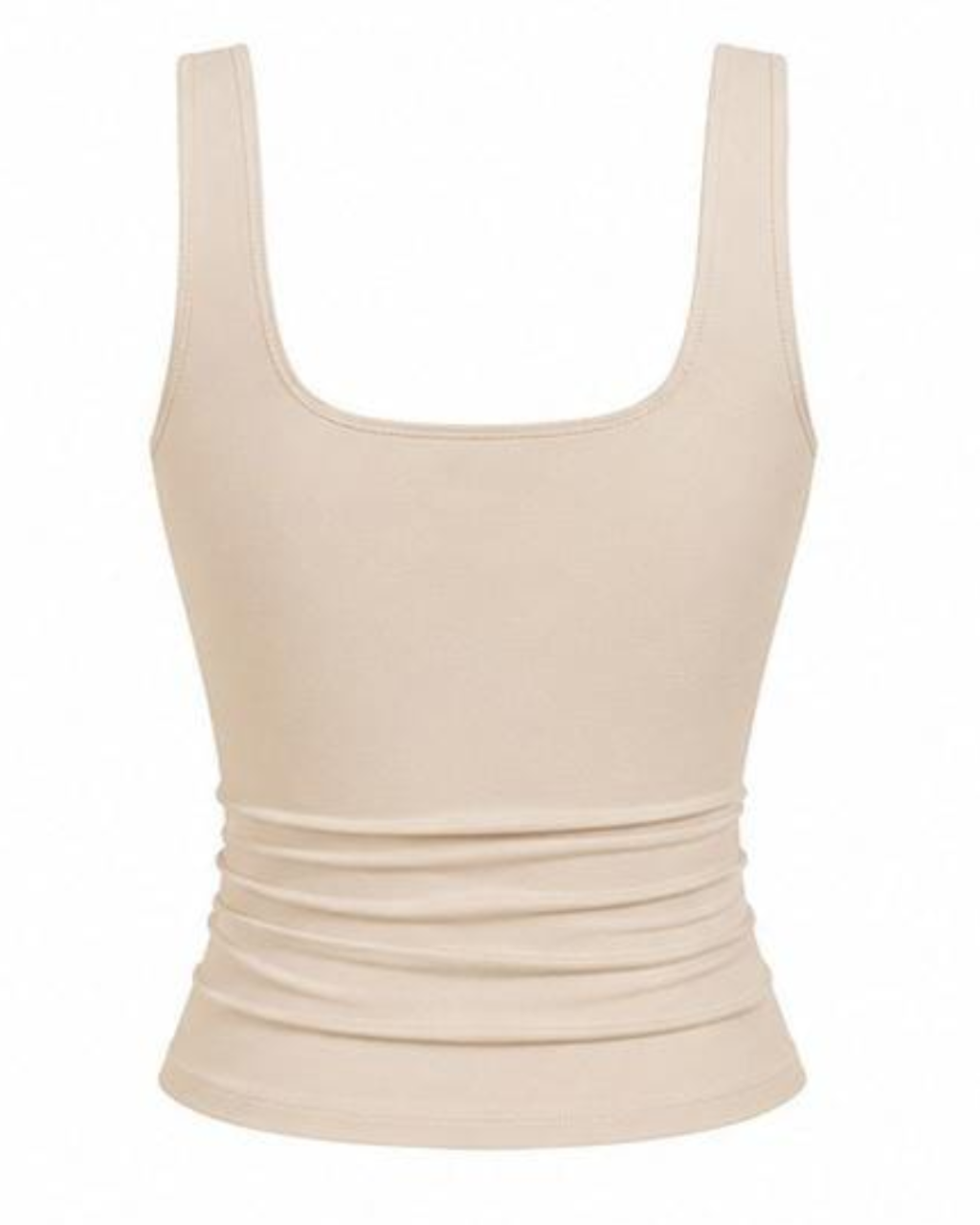A beige ribbed scoop-neck tank top with wide shoulder straps and a ruched waist, shown against a plain white background.