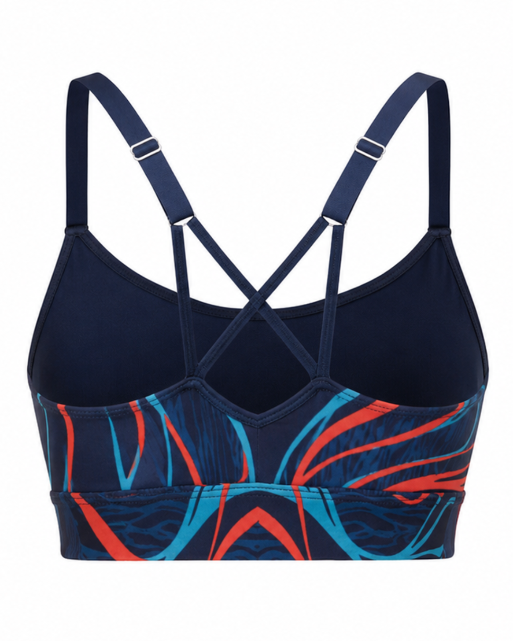 A navy blue sports bra with adjustable straps and a colorful abstract wave pattern in orange and light blue across the lower half, shown against a plain white background.