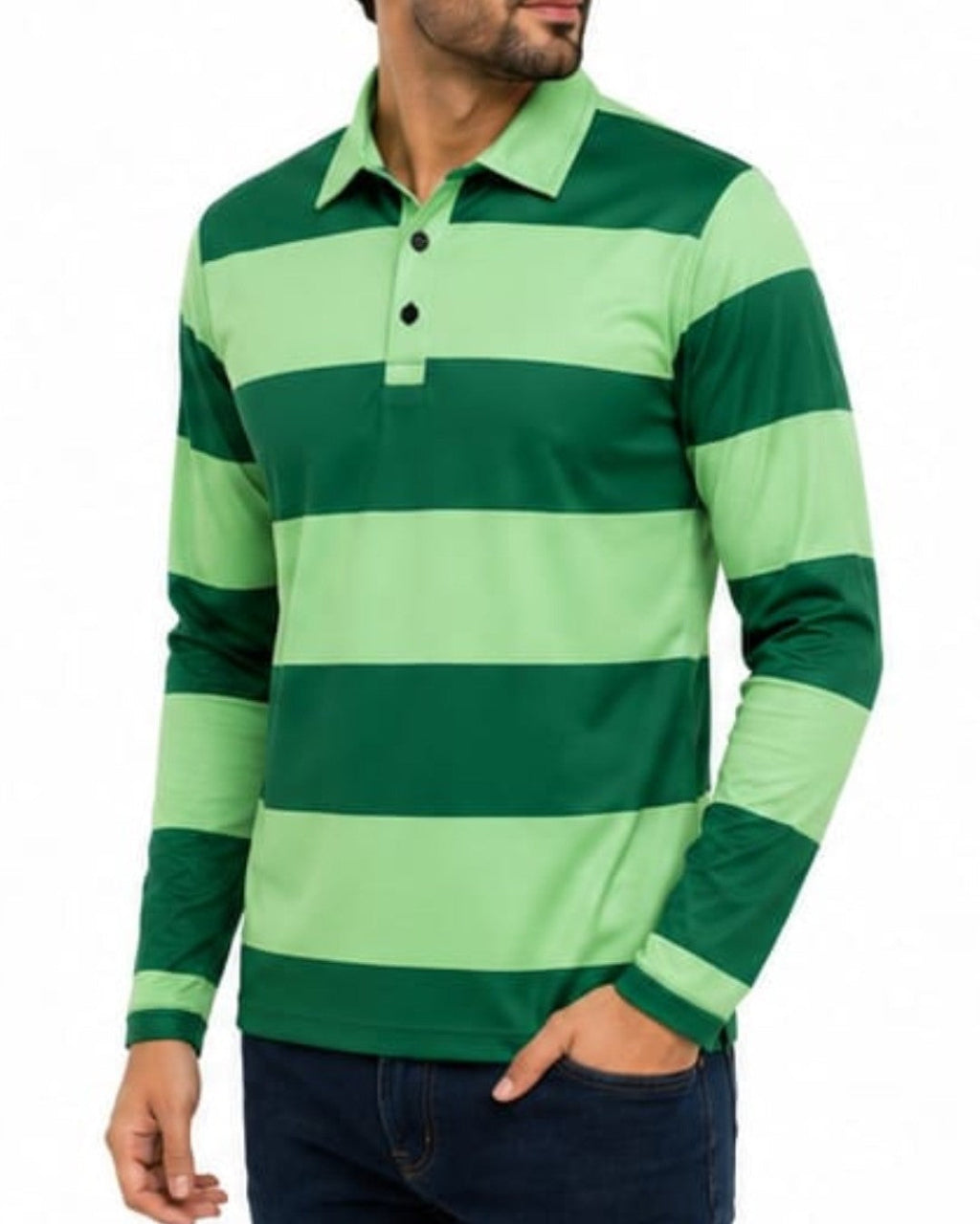 Green and light green striped long-sleeve polo shirt worn by a person on a white background