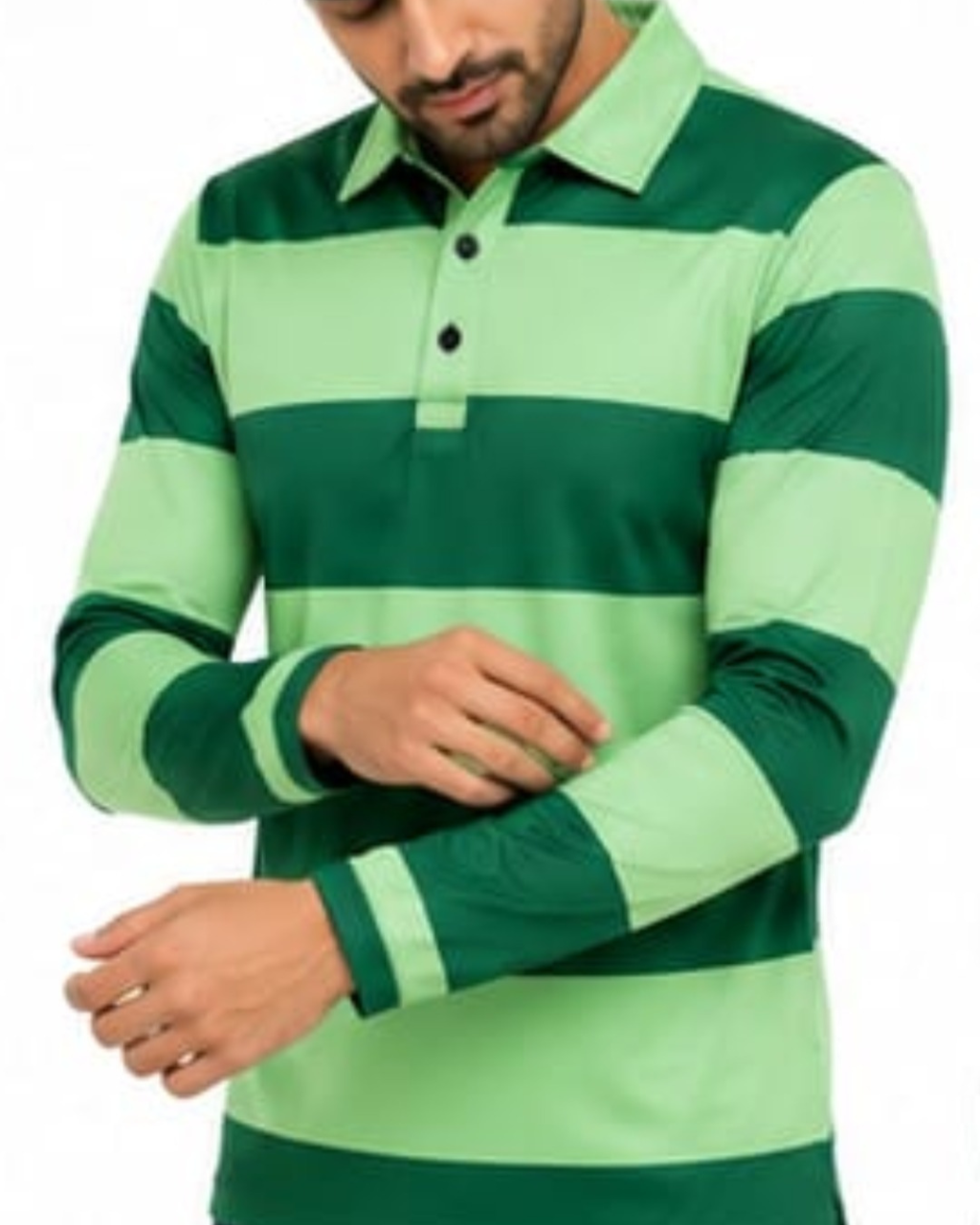 Green and light green striped long-sleeve polo shirt worn by a person.