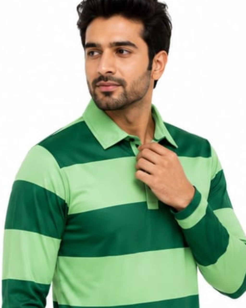 Man wearing a green and navy striped shirt on a white background