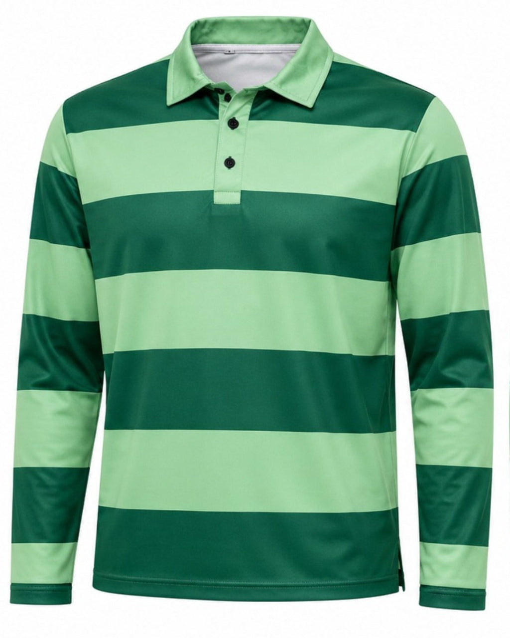 Green and light green striped long-sleeve polo shirt on a white background