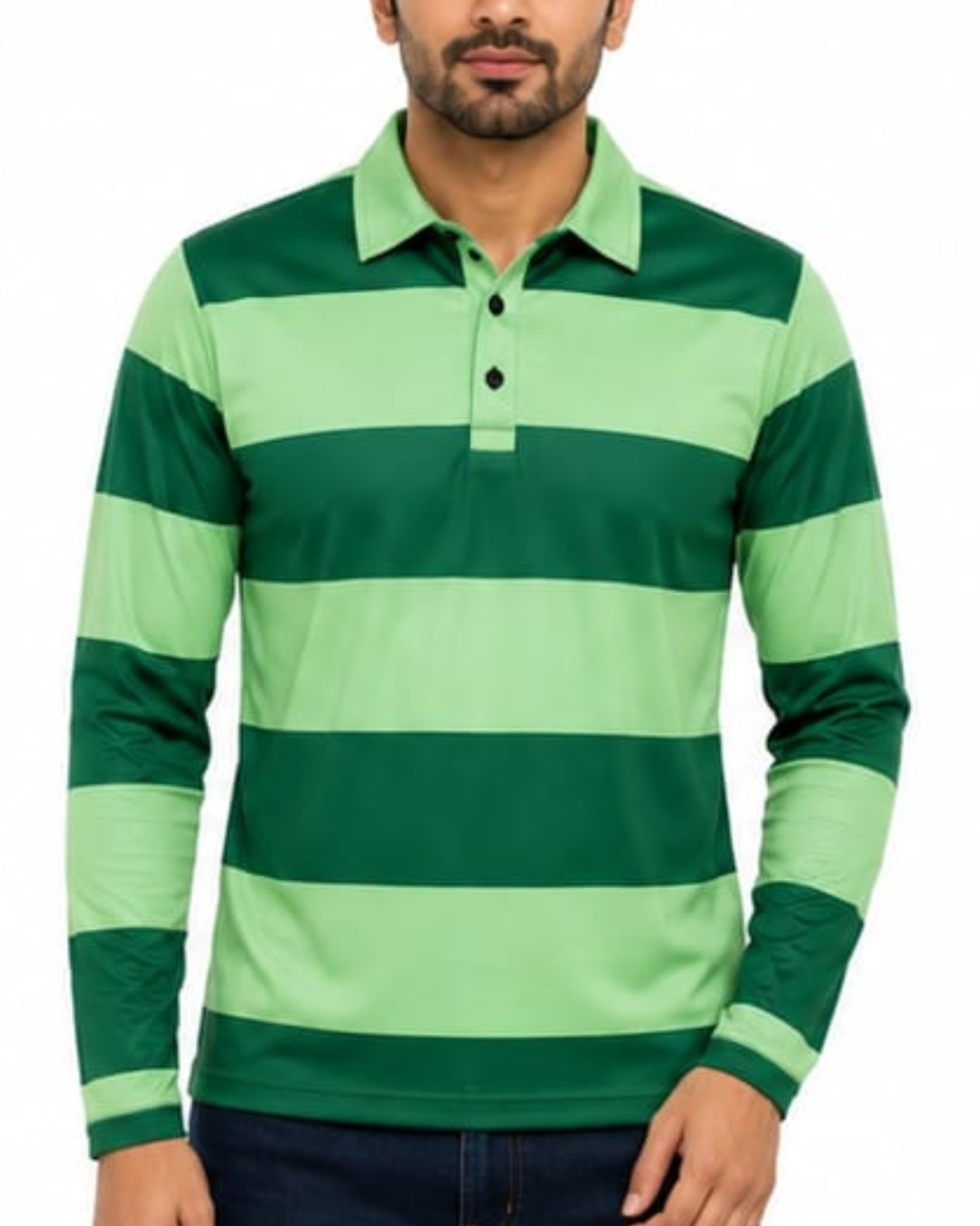 Green and light green striped long-sleeve polo shirt worn by a person on a white background