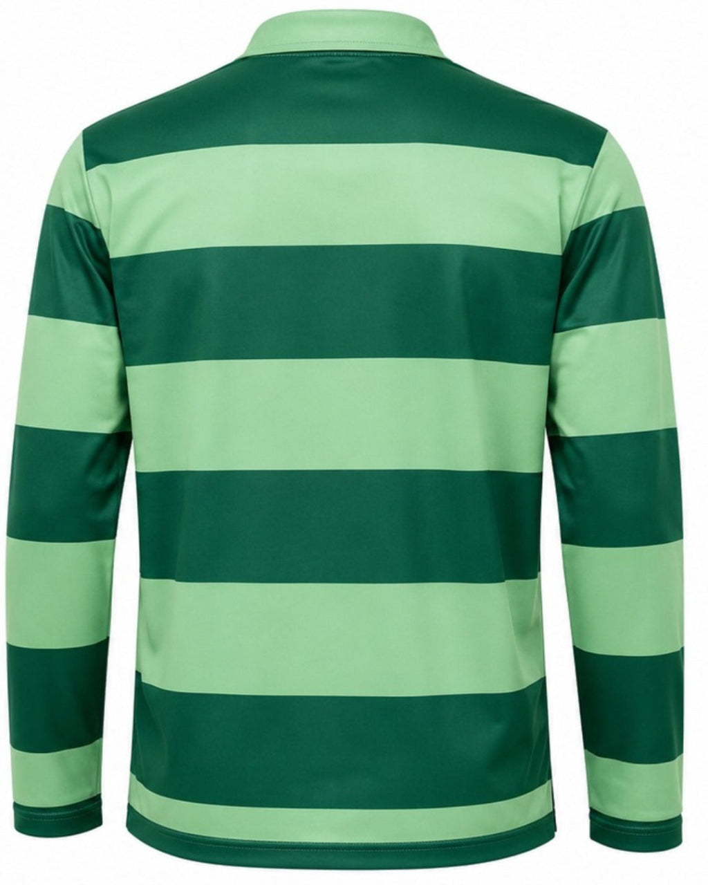 Green and light green striped long-sleeve shirt on a white background