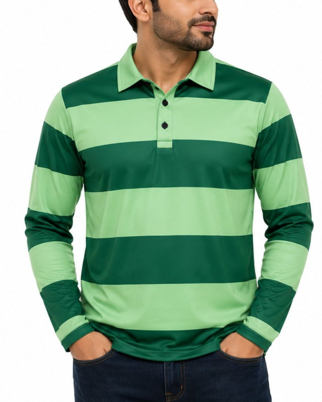 Man wearing a green and navy striped long-sleeve polo shirt on a white background