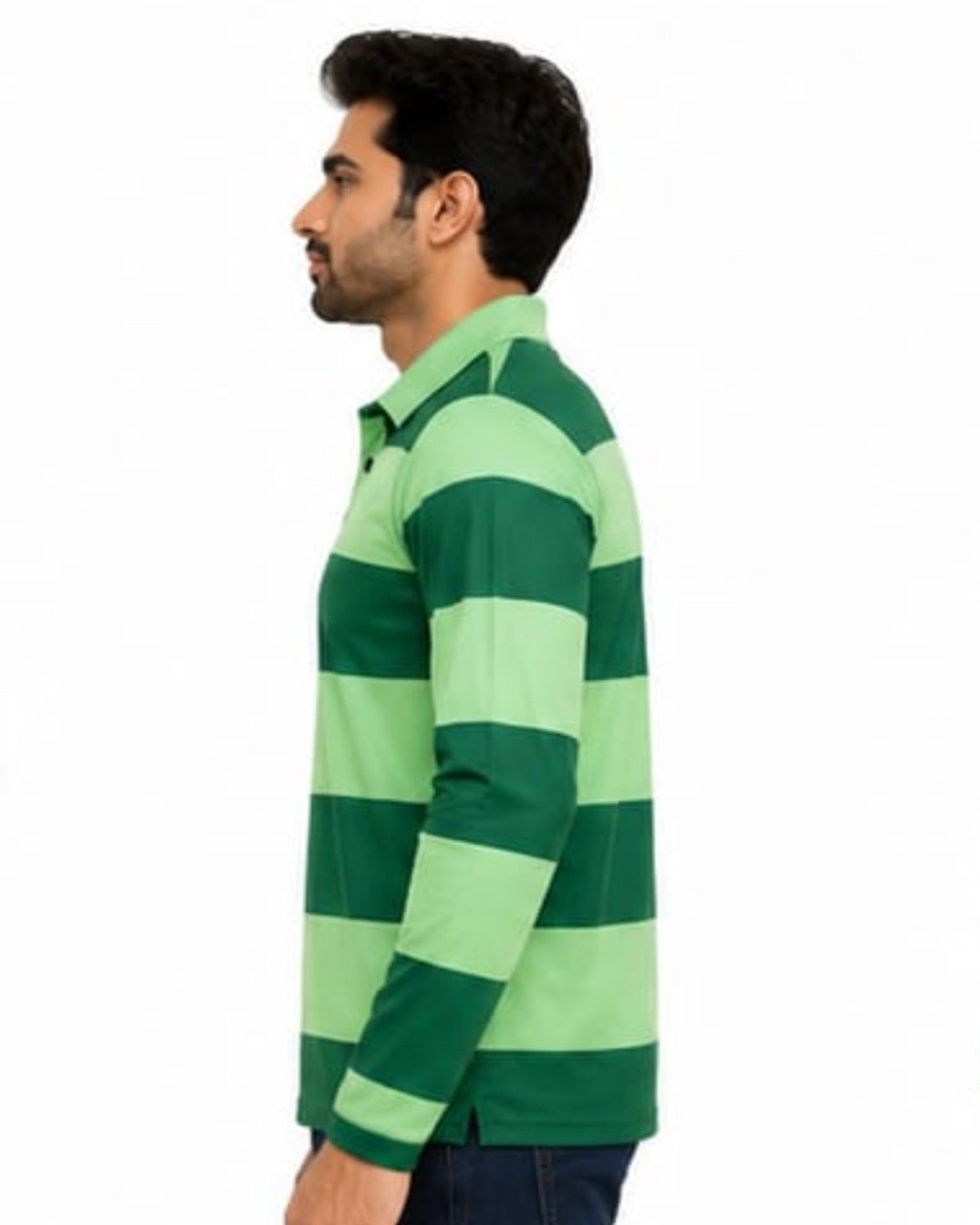 Man wearing a green and light green striped long-sleeve shirt on a white background