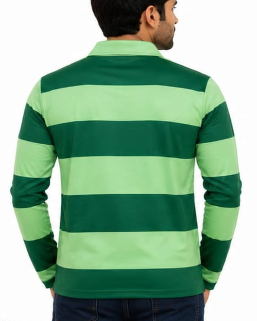 Green and light green striped long-sleeve shirt worn by a person on a white background