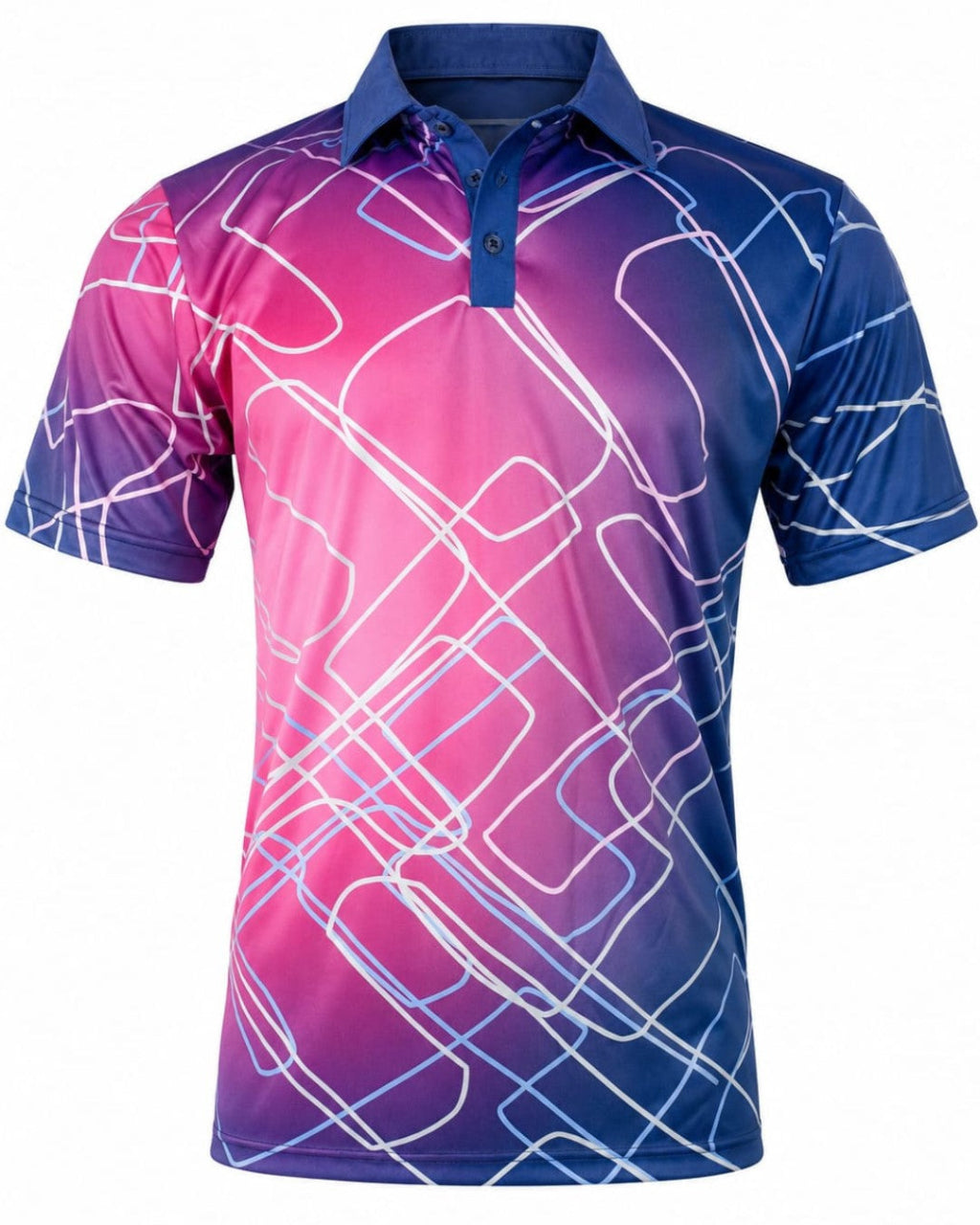 A short-sleeve polo shirt with a vibrant pink-to-blue gradient and a white abstract line pattern, shown on a plain white background.