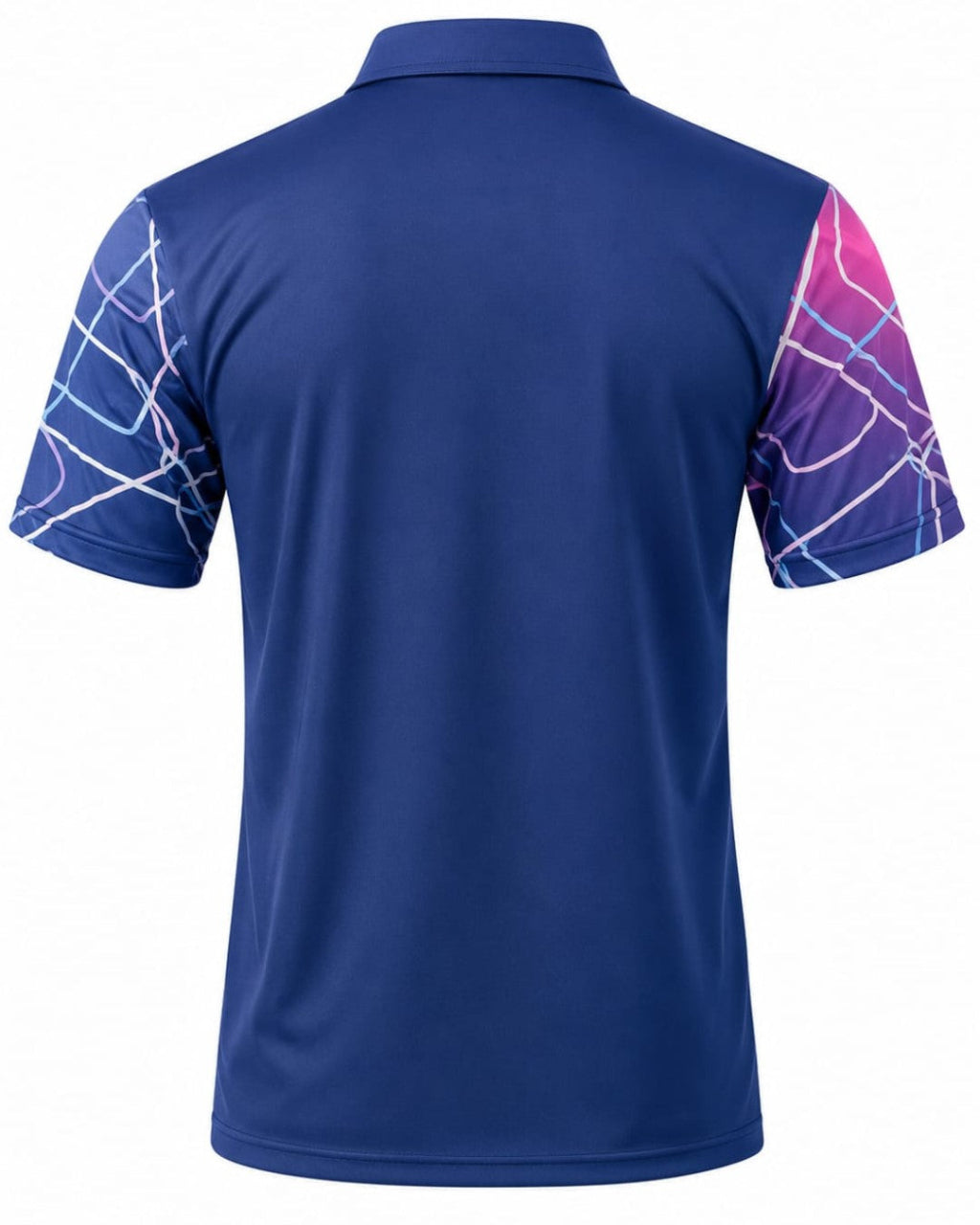 A short-sleeve polo shirt shown from the back, featuring a solid royal blue body with white web-like line patterns on the sleeves and a pink-to-purple gradient on the right sleeve.