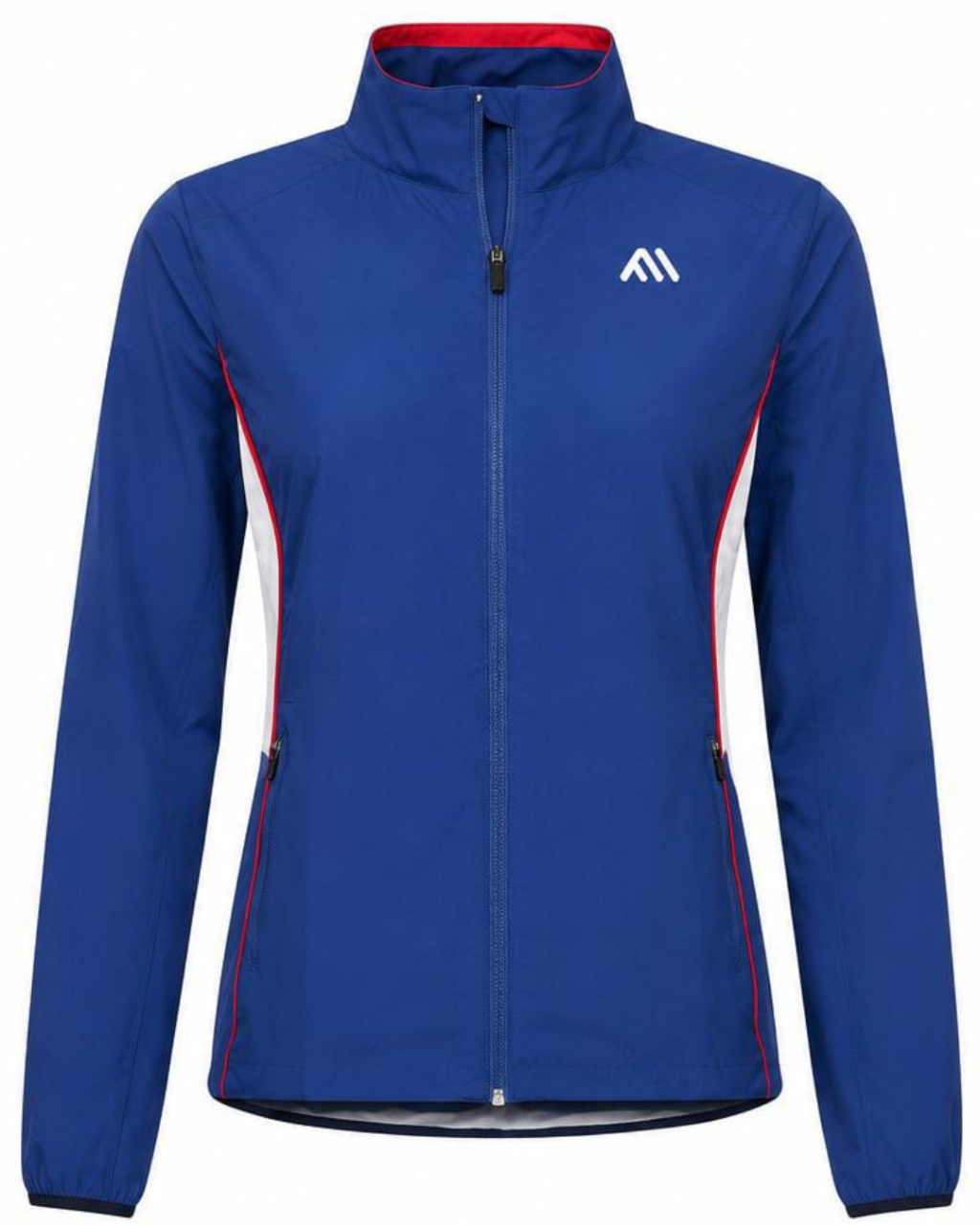 A royal blue women's full-zip jacket with a high stand-up collar, featuring red lining on the collar and side panels, and a white stylized 'M' logo on the left chest. The jacket is displayed on a clean white background.