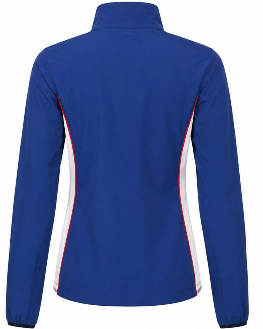 A royal blue long-sleeve athletic jacket shown from the back, featuring white and red side stripe accents, on a plain white background.