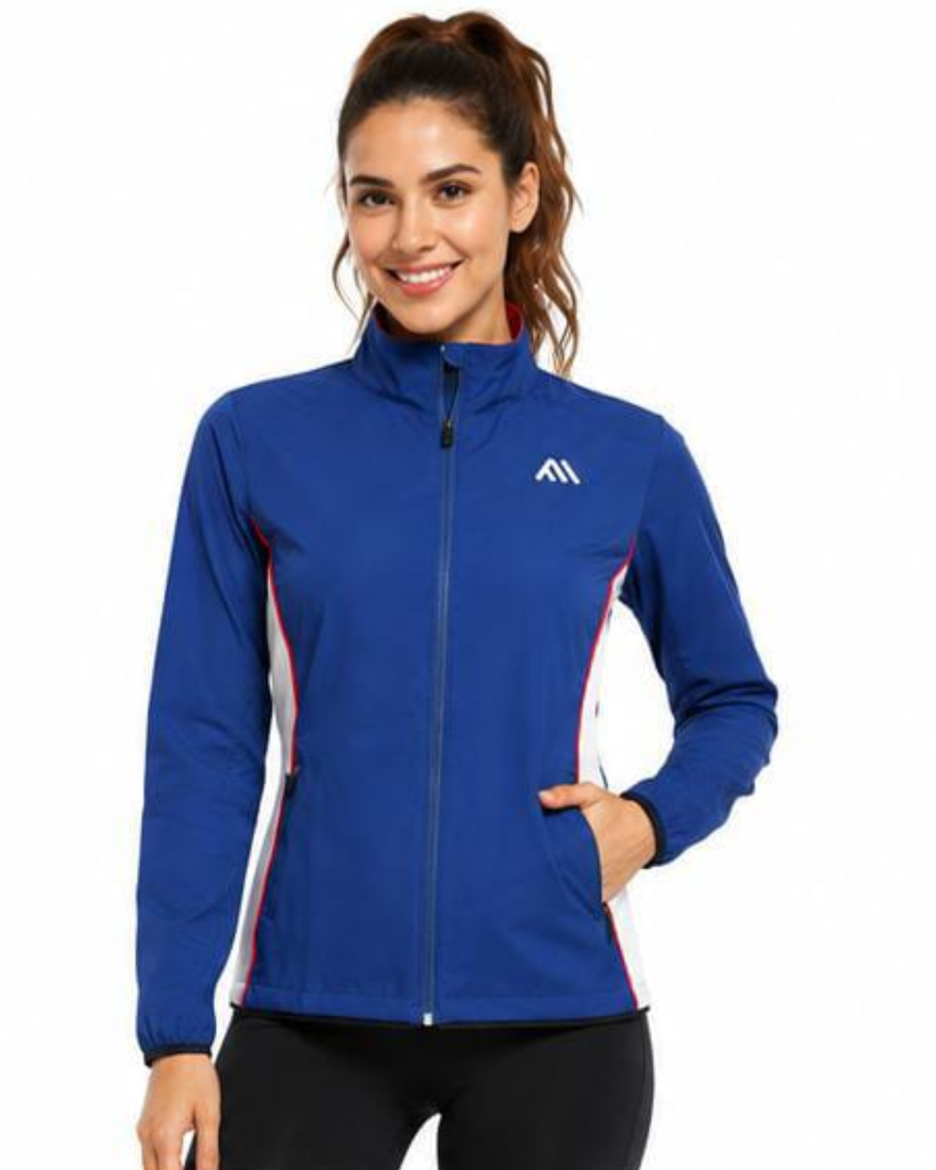 A woman wearing a royal blue athletic zip-up jacket with white and red side panels, featuring a white stylized logo on the left chest, photographed against a plain white background.