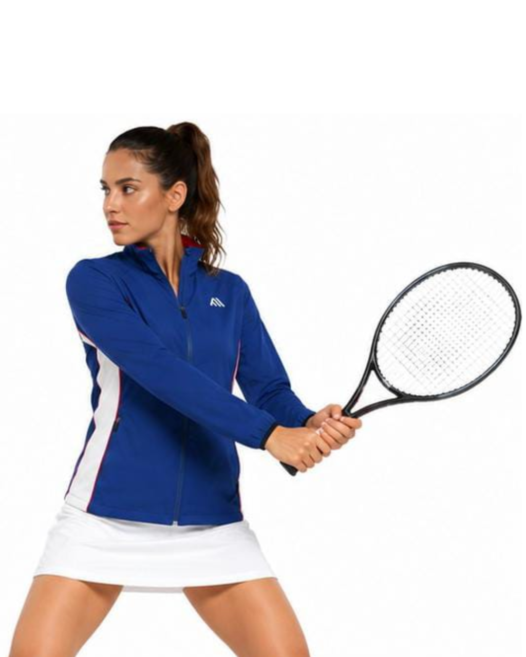 A woman in athletic wear posing with a tennis racket against a solid white background. She is wearing a royal blue zip-up jacket with white side panels and a small white logo on the chest, paired with a white tennis skirt.