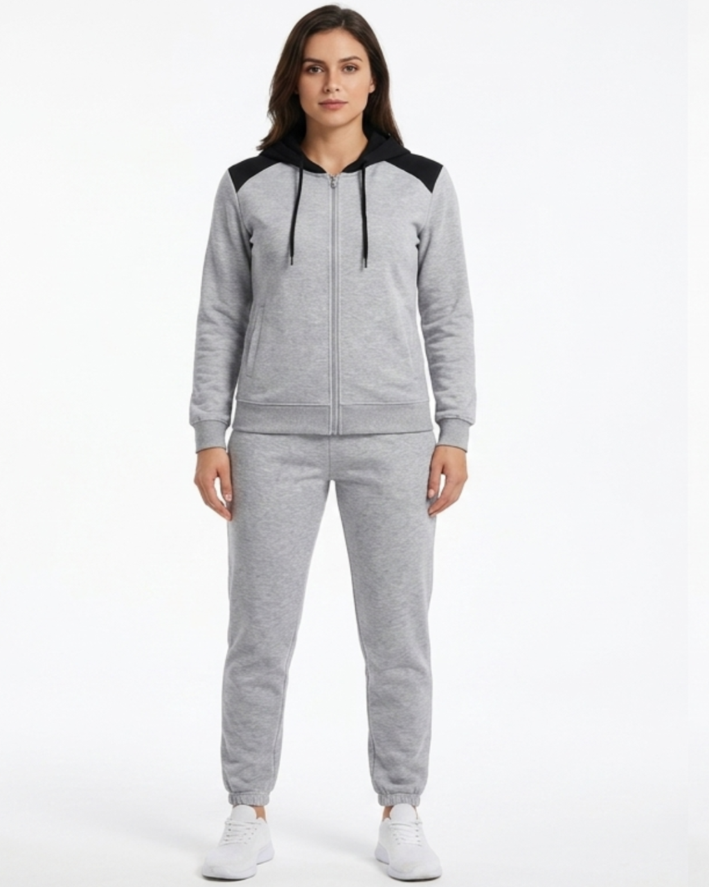 Women's Gray Tracksuit Set with Zip Hood