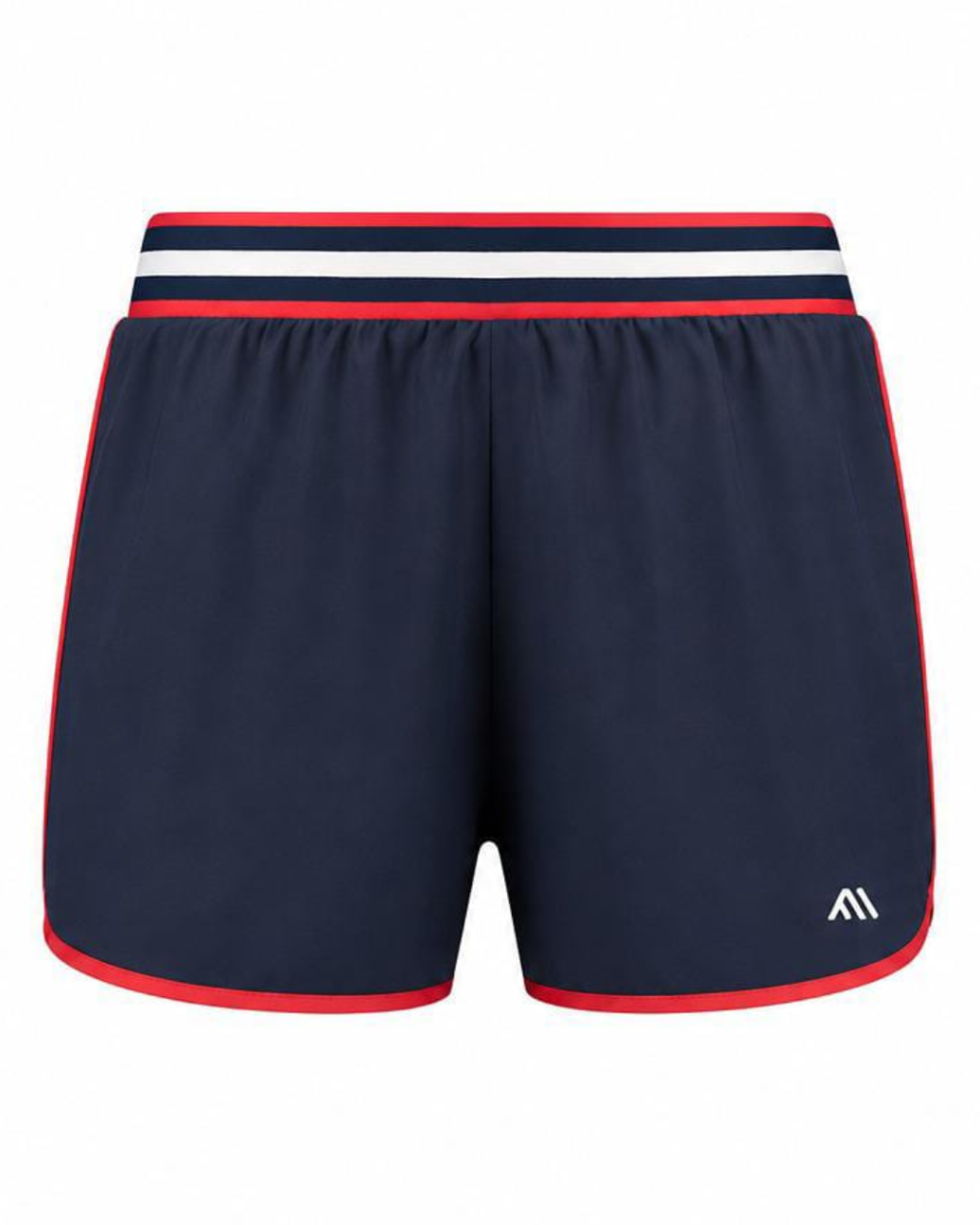 Navy blue athletic shorts with red and white striped waistband, red side piping, and a small white logo on the lower left leg, shown against a plain white background.