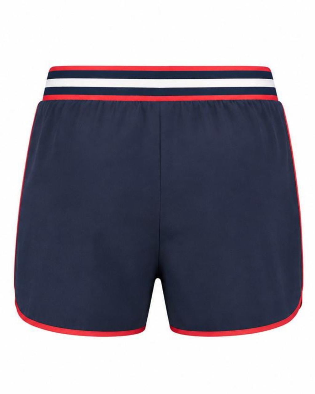 Navy blue athletic shorts with a white and navy striped waistband and red piping details along the sides and hem.