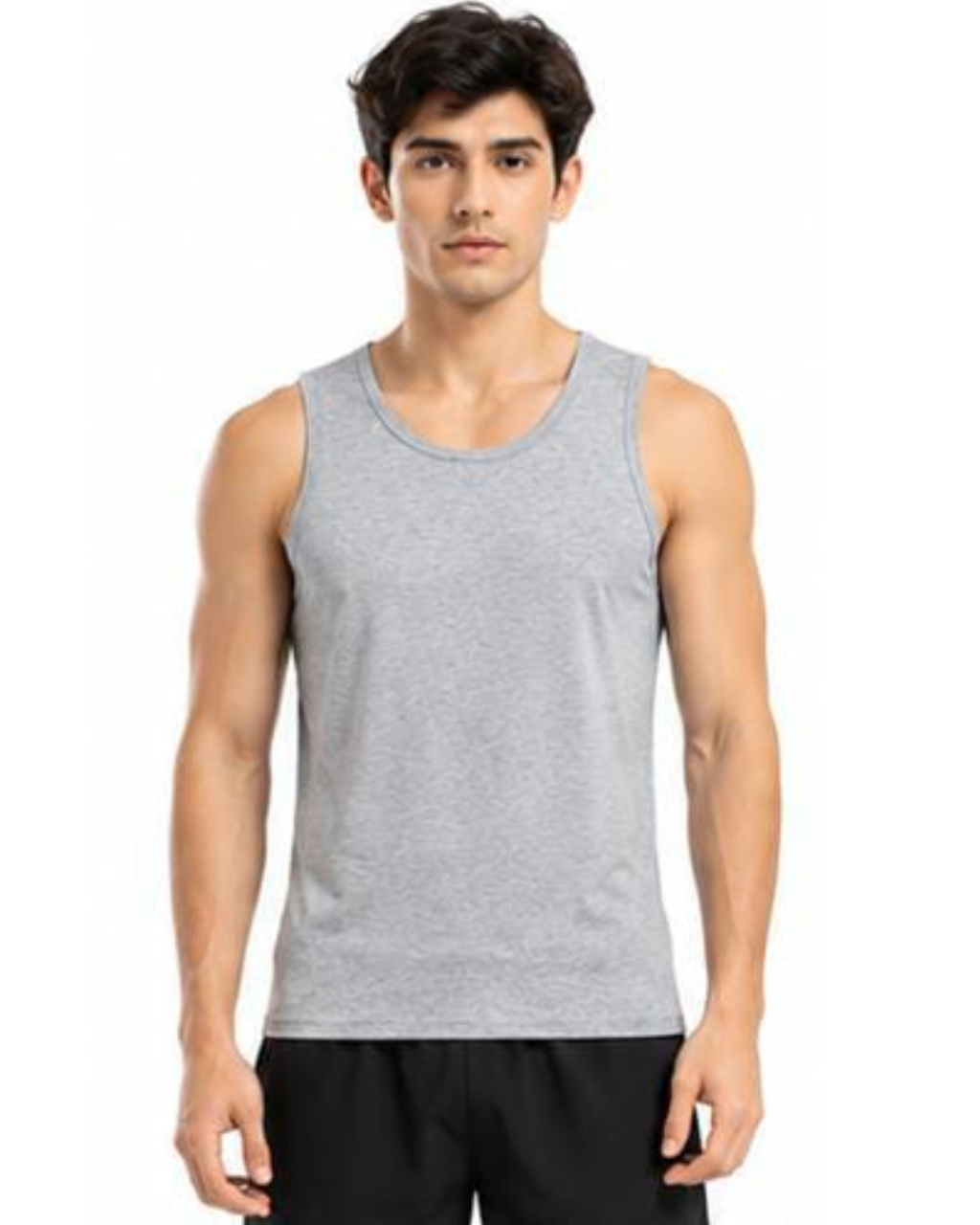A man wearing a light gray heather sleeveless tank top and black shorts, standing against a plain white background.