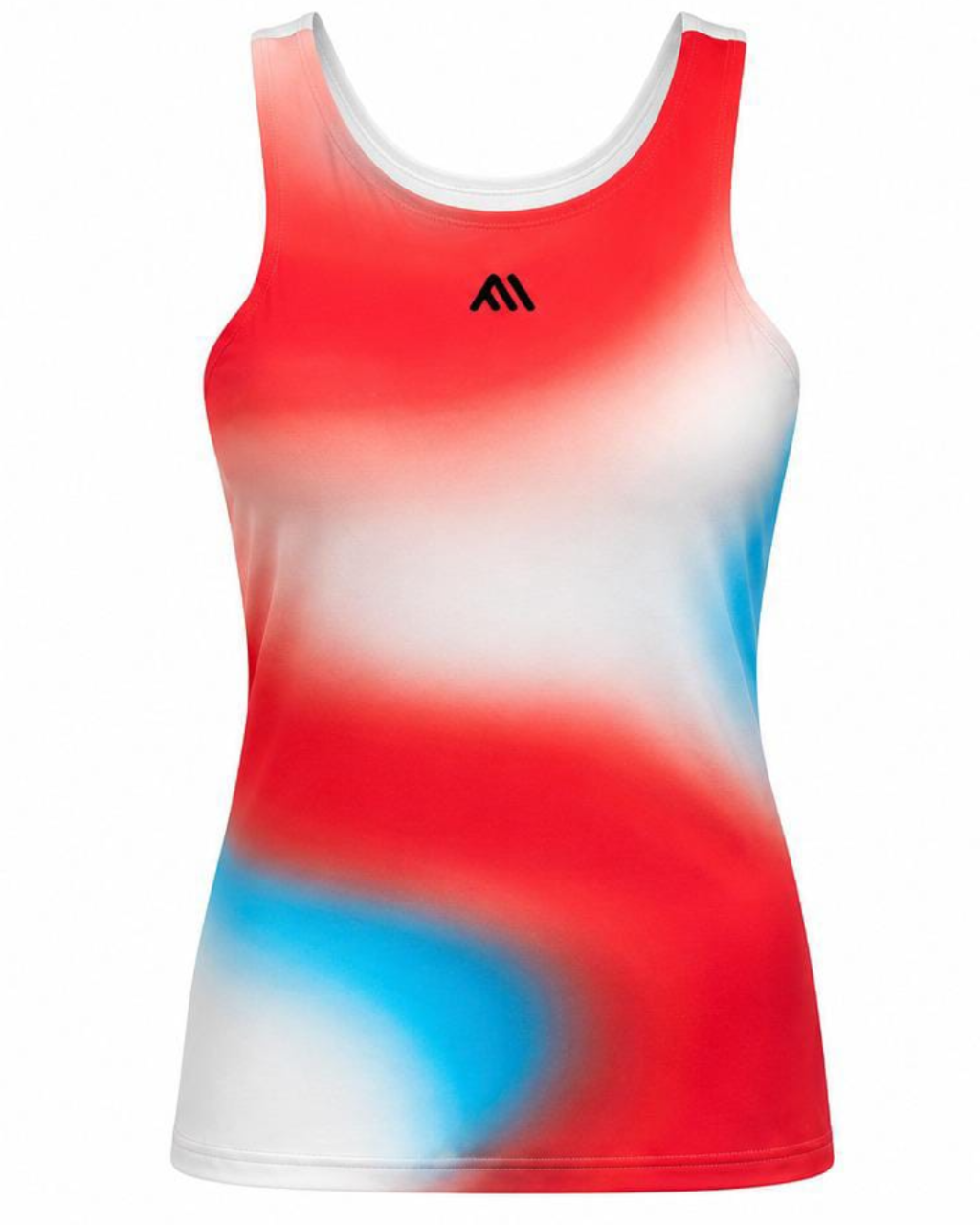 A sleeveless athletic tank top with a red, white, and blue abstract gradient pattern, featuring a small black logo on the chest, displayed on a solid white background.
