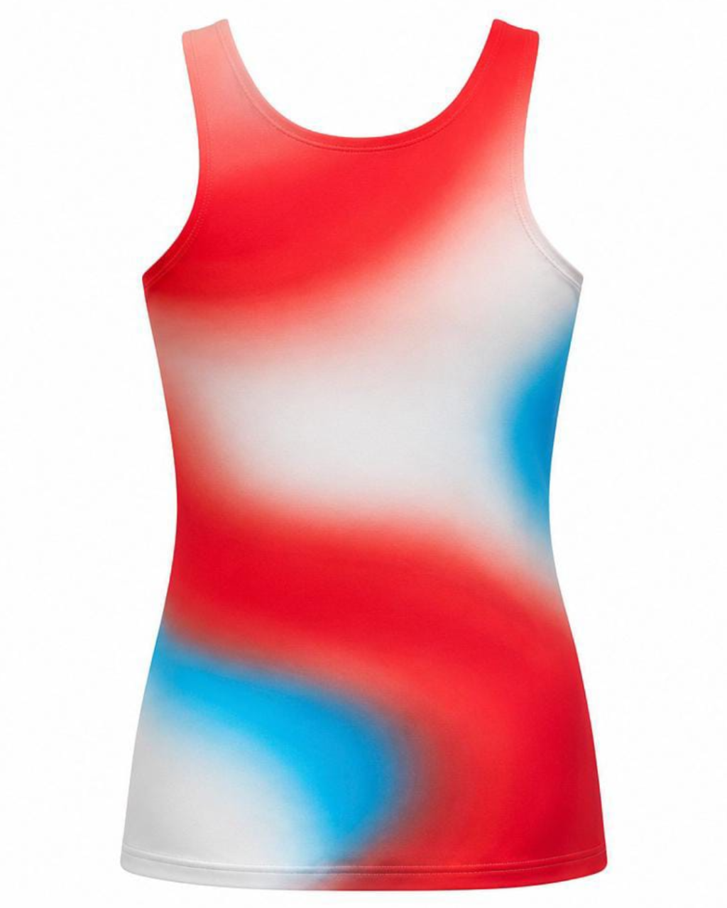A sleeveless racerback tank top featuring a red, white, and blue abstract gradient pattern, shown against a plain white background.