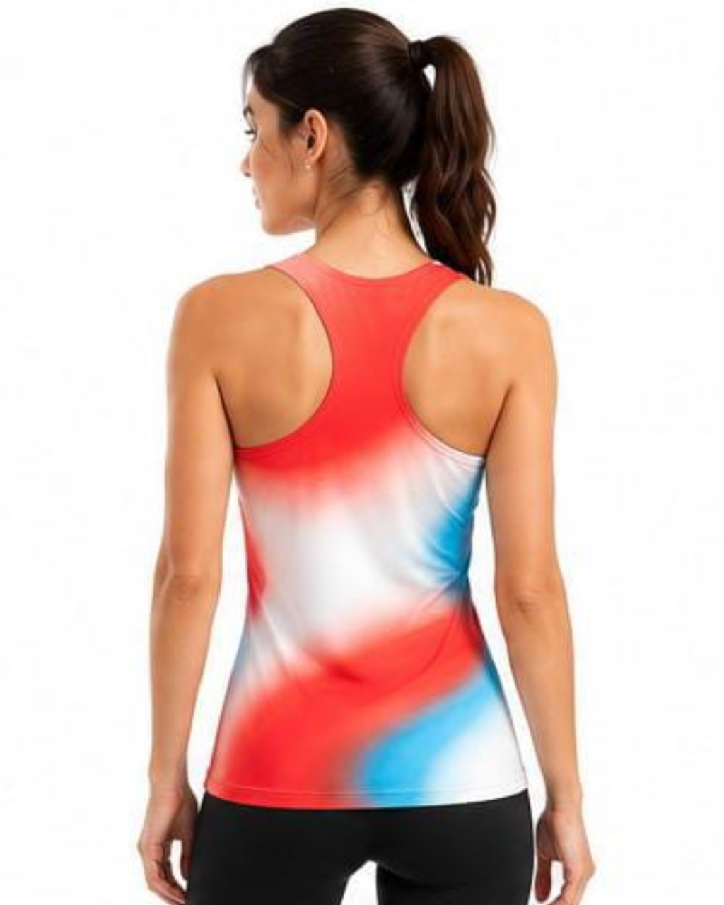 A woman shown from the back wearing a racerback tank top with a red, white, and blue abstract gradient pattern, paired with black leggings, against a plain white background.